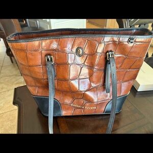 Dooney & Bourke Brown Croc-Embossed Leather Tote with Black Trim